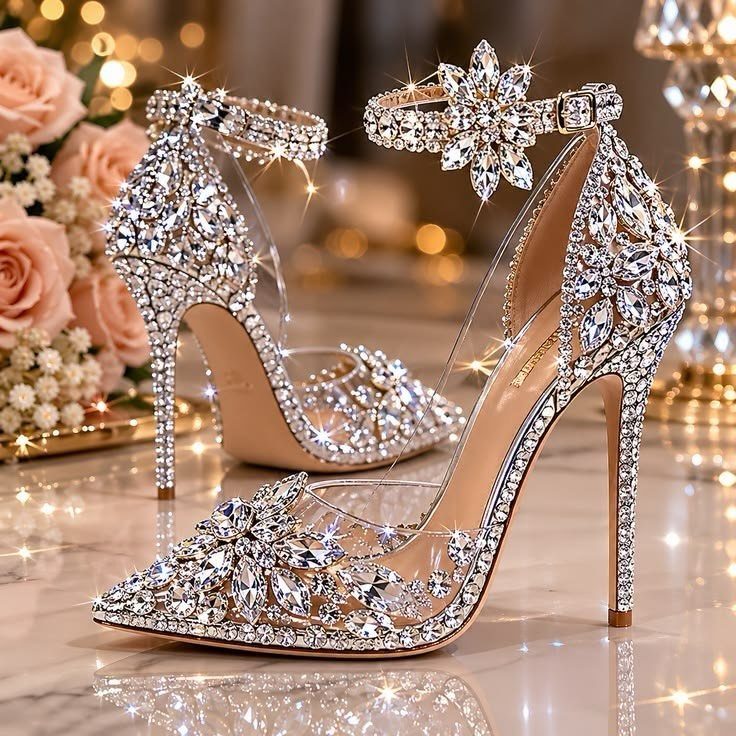 Two sparkling rhinestone-encrusted stiletto sandals resting on a marble surface near pink roses.
