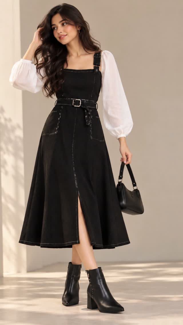 A woman wearing a black midi dress, white blouse, and black ankle boots.