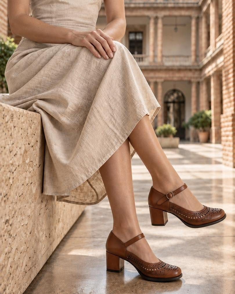 Woman sitting on a stone ledge wearing brown leather block-heel pumps with decorative perforations.