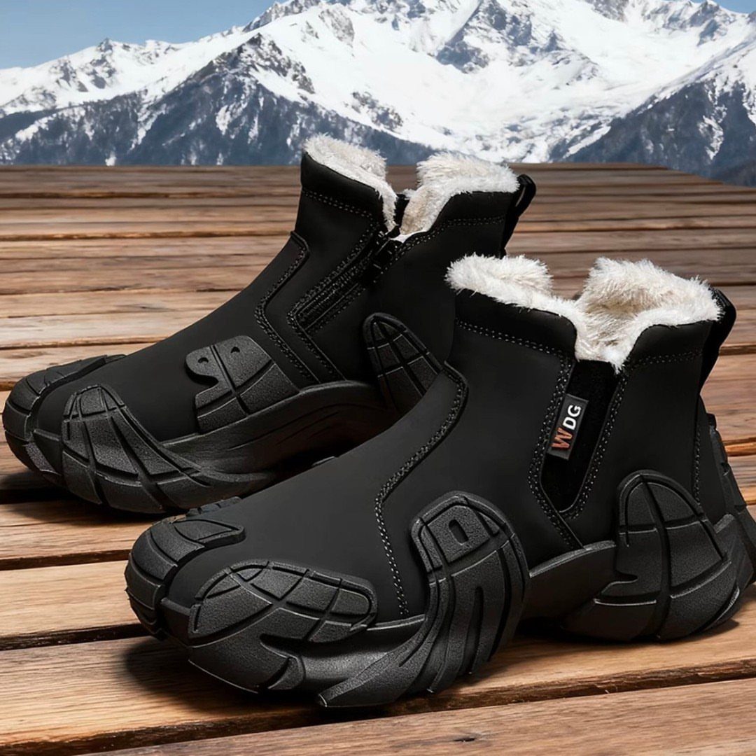 Black winter boots with white faux-fur lining sitting on a wooden deck against snowy mountains.