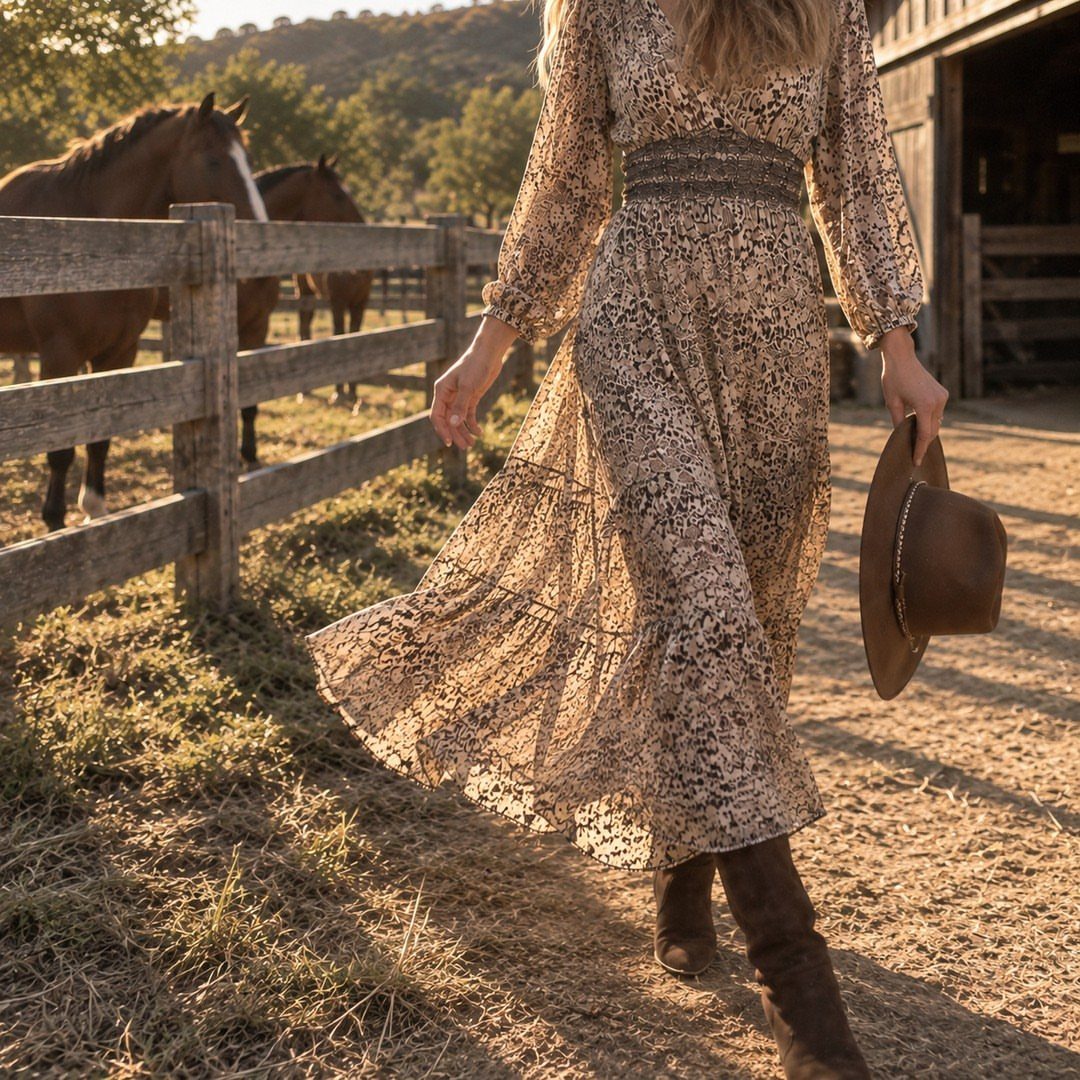 A woman in a patterned maxi dress and western boots walking through a ranch with horses.