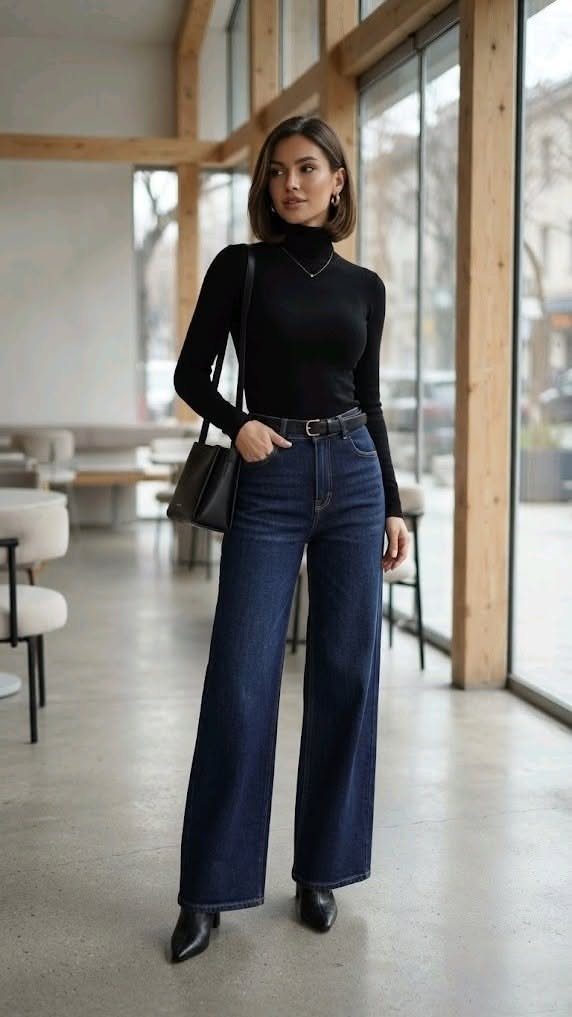 Woman wearing a black turtleneck and dark blue wide-leg jeans with black boots.