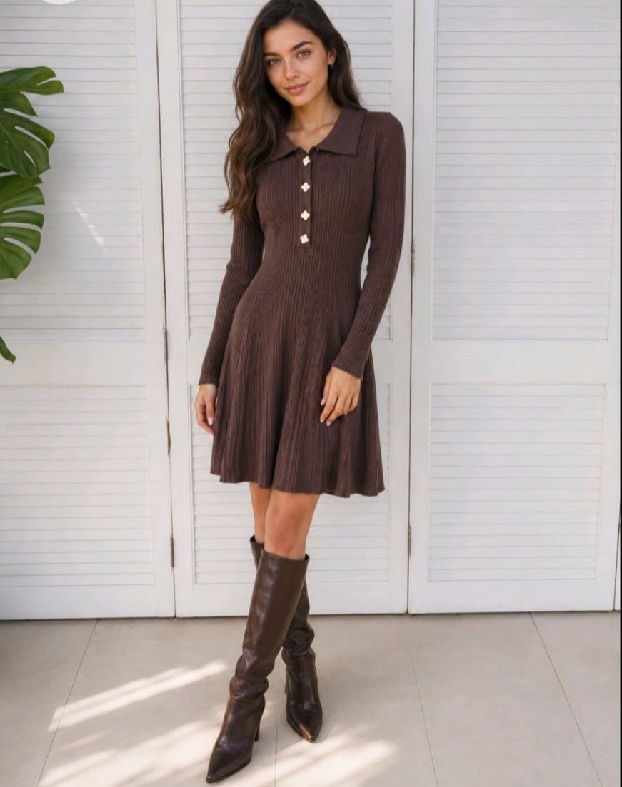 A woman wearing a brown ribbed knit mini dress and dark brown knee-high boots.