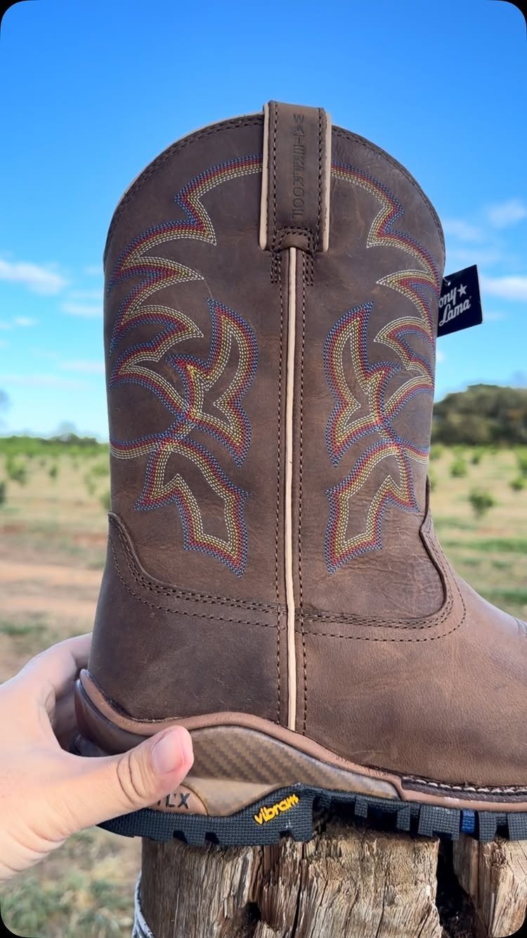 A brown leather cowboy boot with colorful stitching held against a blue sky.