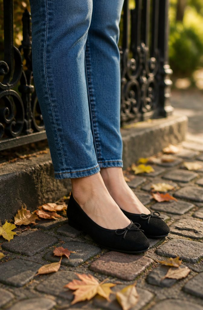 Stylish black suede ballet flats on a cobblestone street.