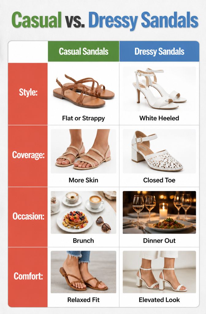 Infographic comparing casual and dressy sandals.