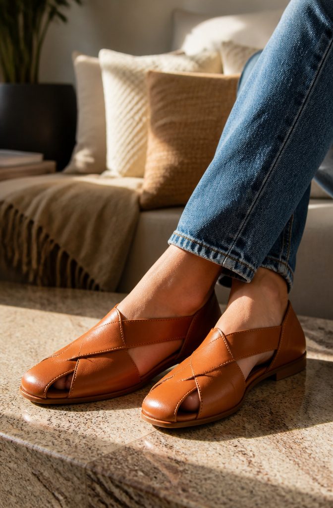 Closed toe sandals with crisscross design on a polished surface.