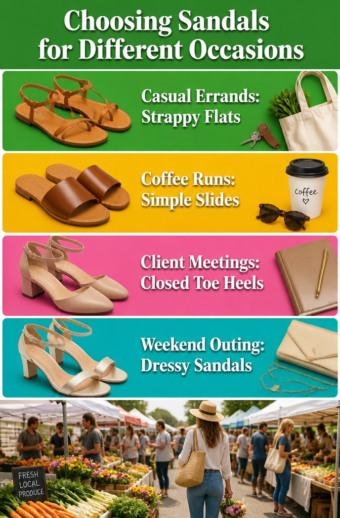 Infographic about selecting sandals for various occasions.