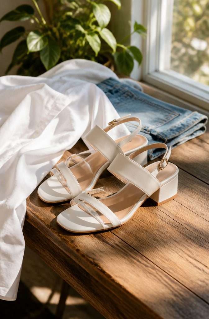 White heeled sandals placed alongside a pair of boyfriend jeans.