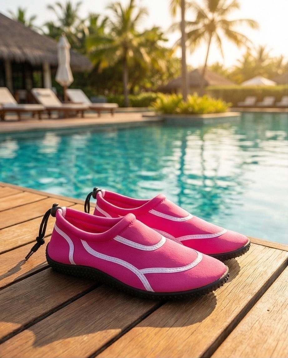 Pink water shoes with white stitching resting on a wooden deck by a tropical pool.