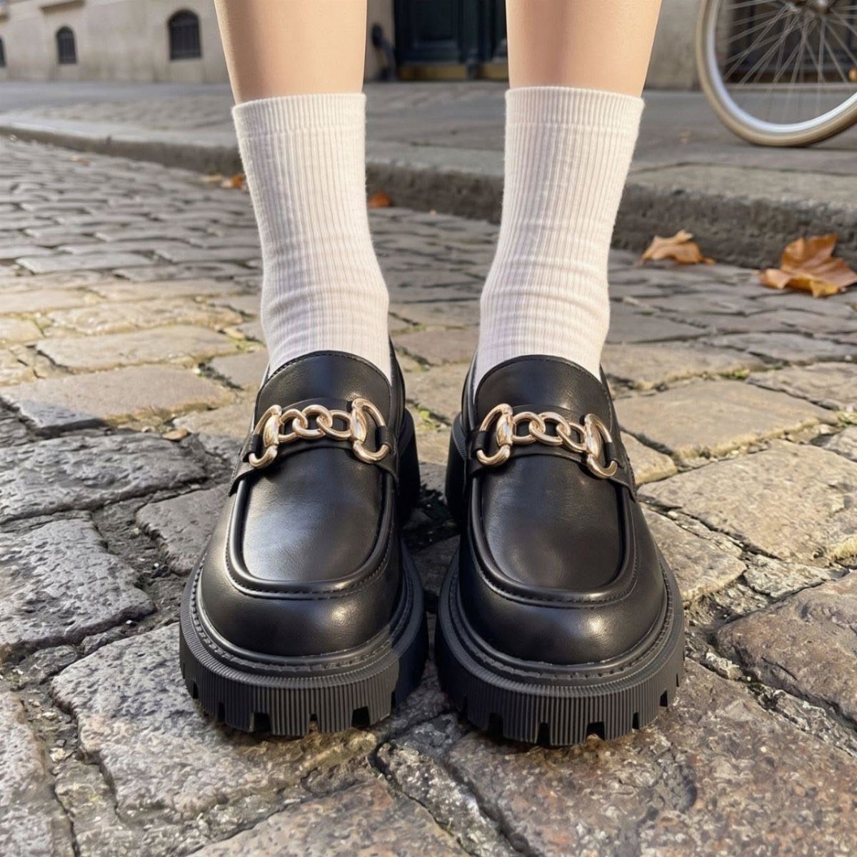 Black platform loafers with gold chain detail and white socks on a cobblestone street.