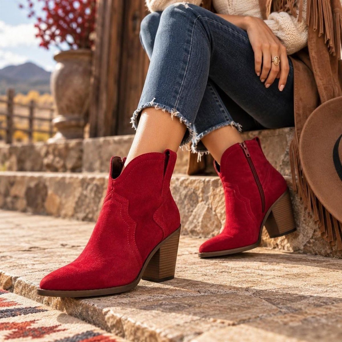 Red suede ankle boots worn with blue denim jeans on a stone ledge.