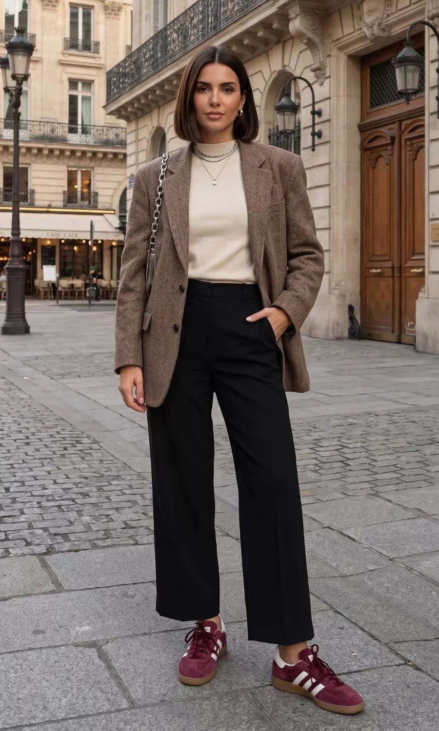 Woman wearing a brown blazer, black trousers, and burgundy sneakers on a cobblestone street.
