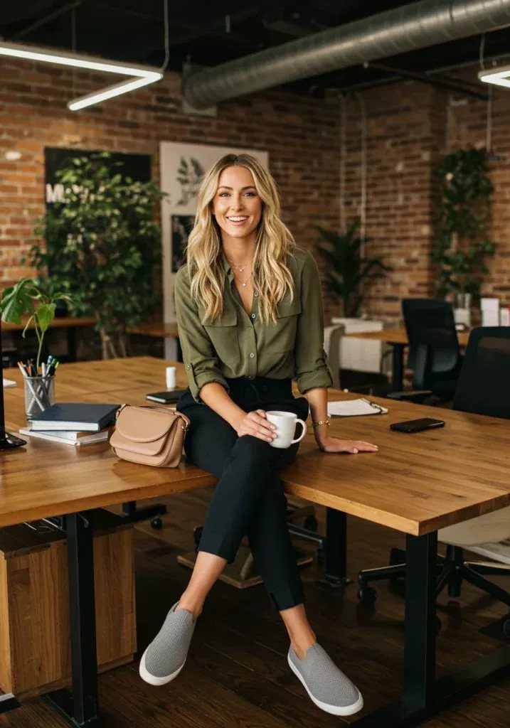 A smiling woman in olive shirt and black trousers wearing grey slip-on sneakers sitting on a desk.