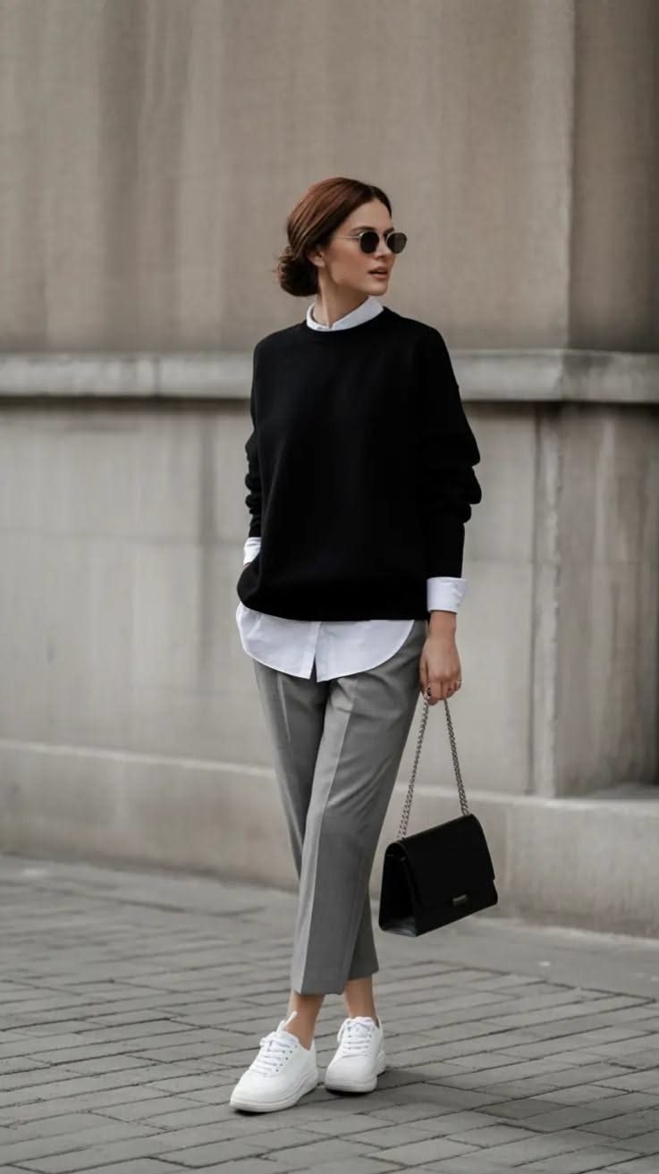 A woman in a black sweater, white shirt, grey trousers, and white sneakers standing outdoors.