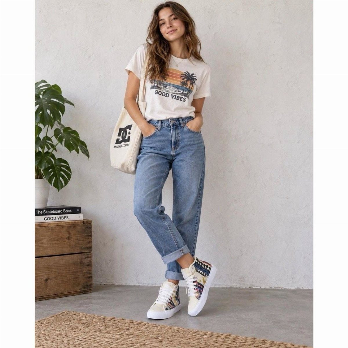A smiling woman wearing blue jeans and patterned white high-top sneakers standing indoors.
