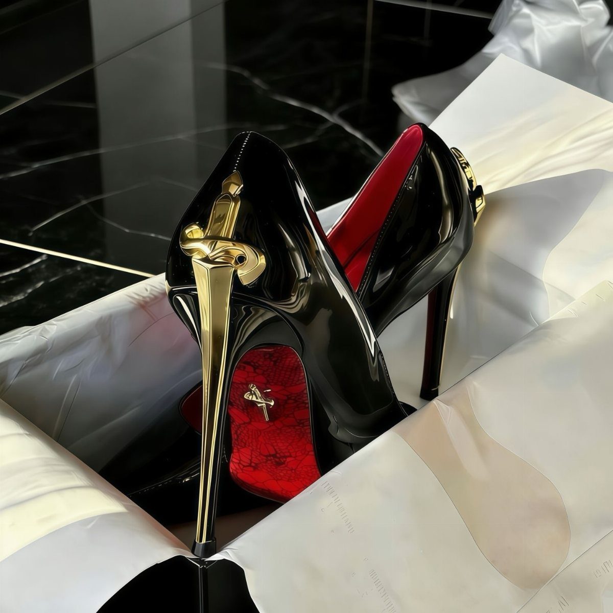 Black patent leather high heels with gold sculptural logo-shaped heels resting on white tissue paper.